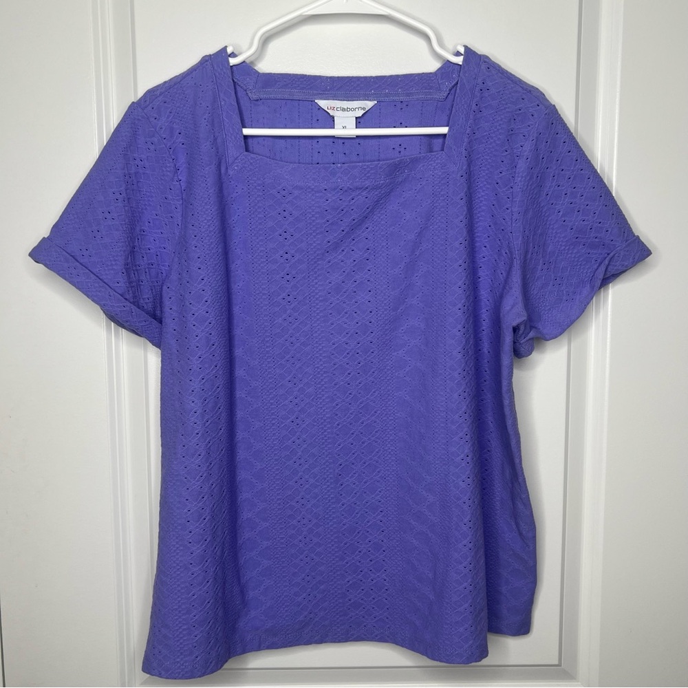 Liz Claiborne Purple Eyelet Short Sleeve Top Size XL Cuffed Sleeves